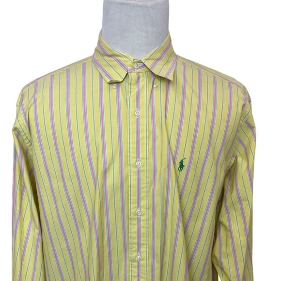 Ralph Lauren Men's Yellow With Pink Stripes Long sleeve Button Up Shirt Sz -XL - Picture 1 of 7